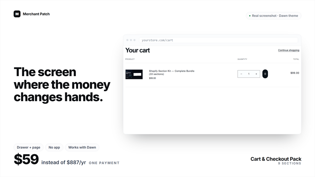 Cart and Checkout Pack cover: a real screenshot of the cart with a line item