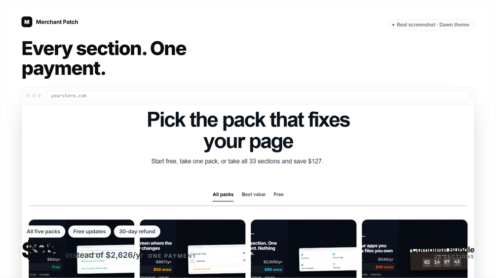 Complete Bundle cover: a real screenshot of the section library rendering in a Dawn theme