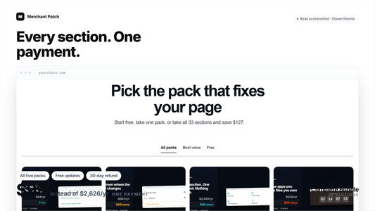 Complete Bundle cover: a real screenshot of the section library rendering in a Dawn theme