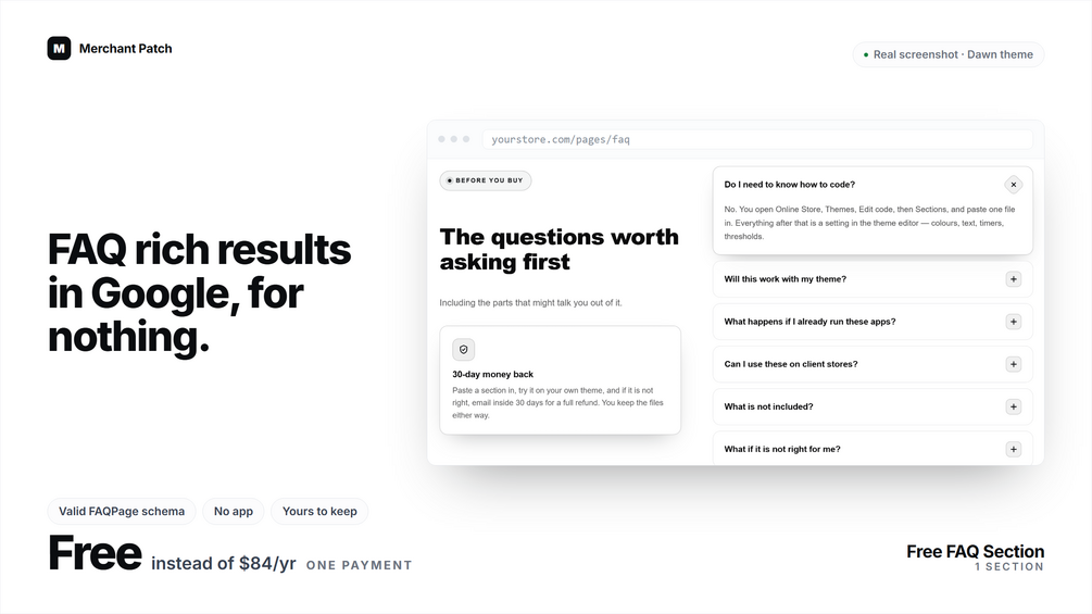 Free FAQ Section cover: a real screenshot of the FAQ section with schema